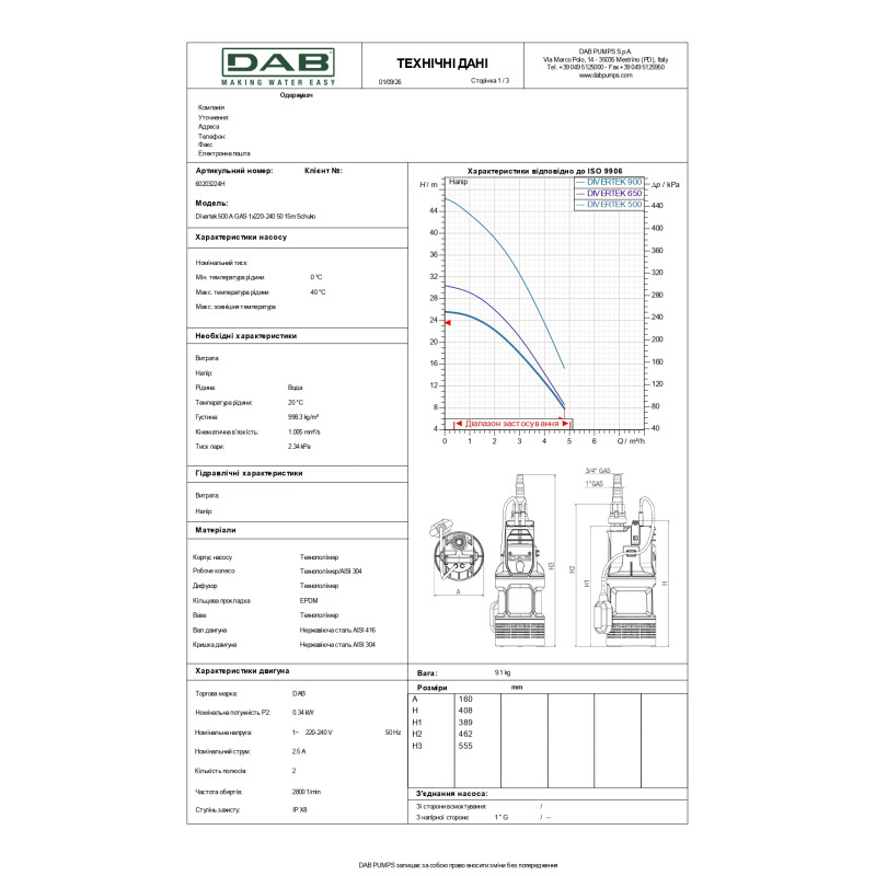 Погружной многоступенчатый насос DAB Divertek 650 A